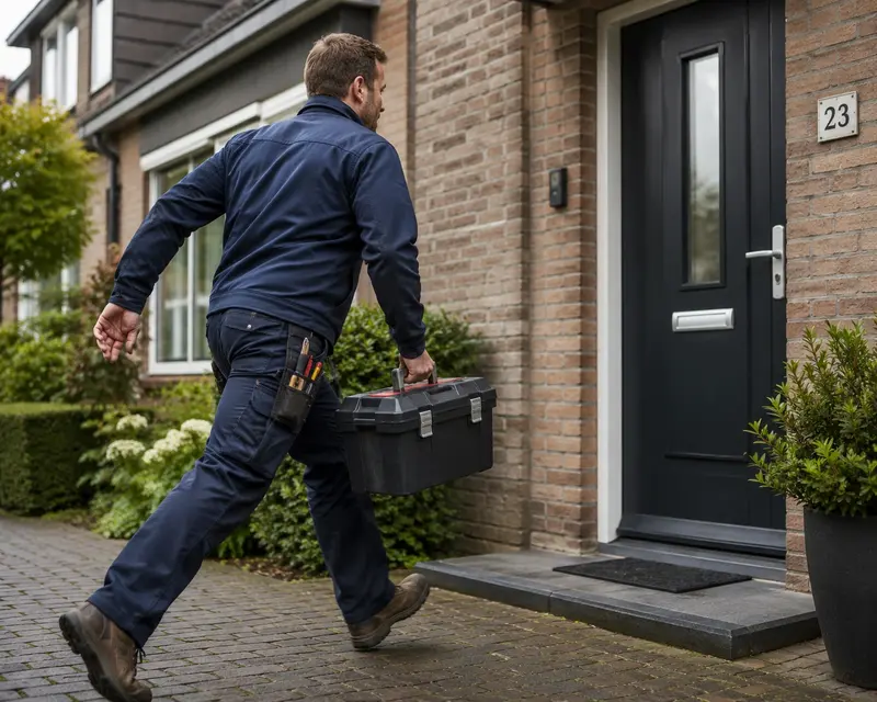 Een vakman met een gereedschapskist die gehaast naar de voordeur van een woning loopt.