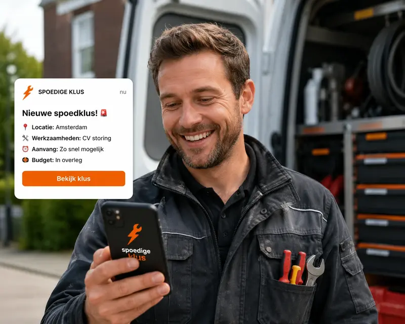 Een lachende vakman in werkkleding die een melding van een nieuwe spoedklus op zijn smartphone bekijkt.