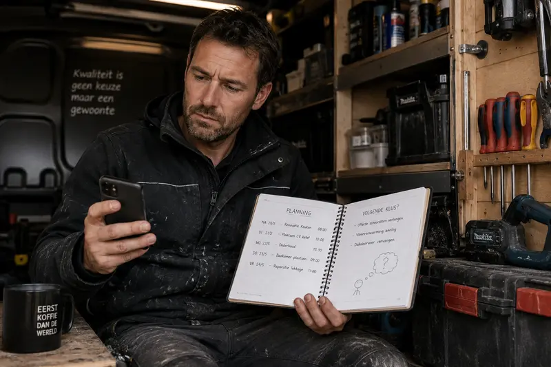 Een lachende zzp'er in werkkleding die bezig is met zijn planning op zijn smartphone.