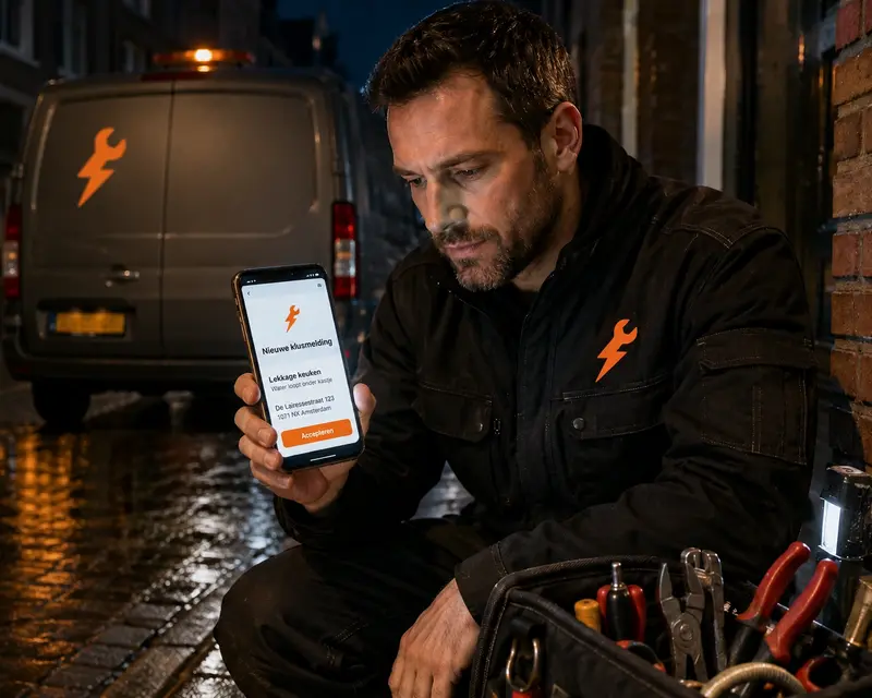 Vakman bekijkt nieuwe klusmelding op smartphone naast gereedschap