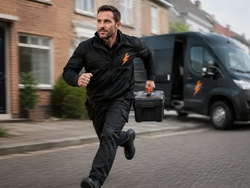 een vakman die aan het rennen is met een gereedschapskist