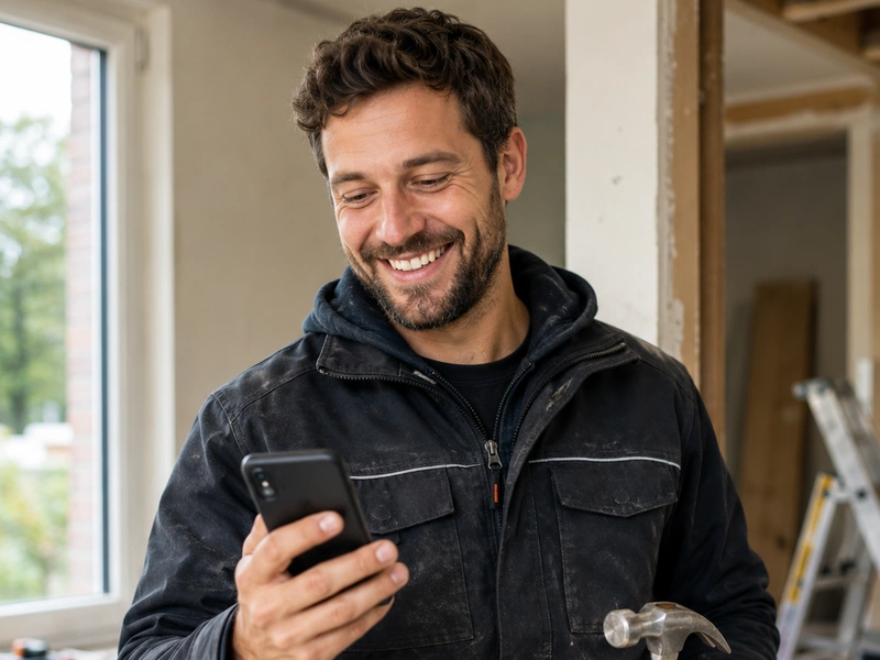 Een lachende vakman in werkkleding die op zijn smartphone kijkt, met een hamer in zijn andere hand.