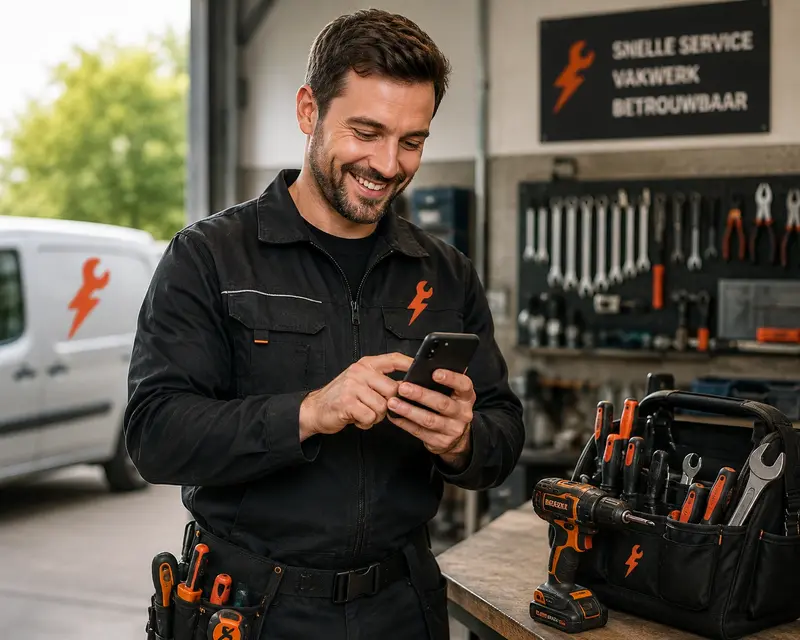 Een lachende vakman in werkkleding die snel een bericht typt op zijn smartphone naast zijn gereedschap.
