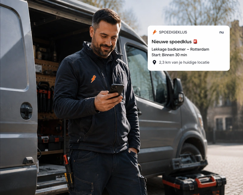 Vakman in werkkleding bij zijn bestelbus die op zijn telefoon een melding bekijkt van een nieuwe spoedklus in de buurt, met gereedschapskist op de achtergrond.