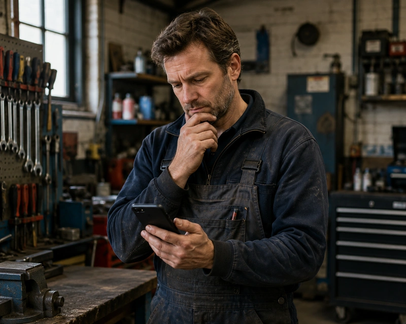 Een vakman in werkkleding kijkt peinzend naar zijn stille smartphone in een werkplaats.
