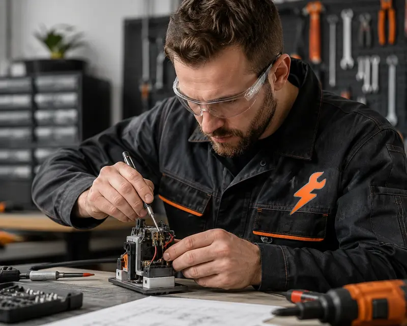 Een geconcentreerde vakman in werkkleding die met precisiegereedschap werkt aan een project.
