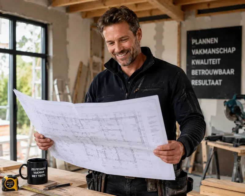 Een zelfstandige vakman die glimlachend en vol vertrouwen een bouwtekening bestudeert.